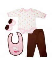 Bon Bebe Комплект Боди с длинным рукавом, штанишки, нагрудник и пинетки, 4 предмета для девочки- коричнево-розовый