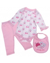 Bon Bebe Комплект Боди с длинным рукавом, штанишки и нагрудник, 3 предмета для девочки- розовый