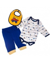Bon Bebe Комплект Боди с длинным рукавом, штанишки и нагрудник, 3 предмета для мальчика- желто-синий