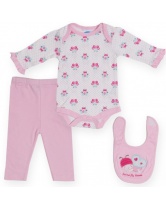 Bon Bebe Комплект Боди с длинным рукавом, штанишки и нагрудник, 3 предмета для девочки- розовый